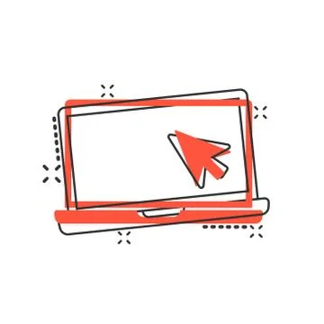 Laptop computer icon in comic style. Cursor on notebook cartoon vector illust Illustrazione stock