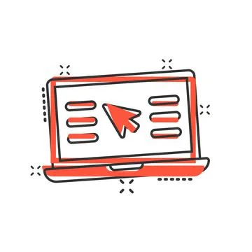 Laptop computer icon in comic style. Cursor on notebook cartoon vector illust Illustrazione stock