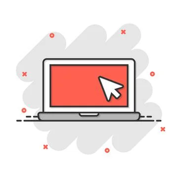 Laptop computer icon in comic style. Cursor on notebook cartoon vector illust Illustrazione stock