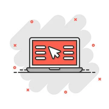 Laptop computer icon in comic style. Cursor on notebook cartoon vector illust Illustrazione stock