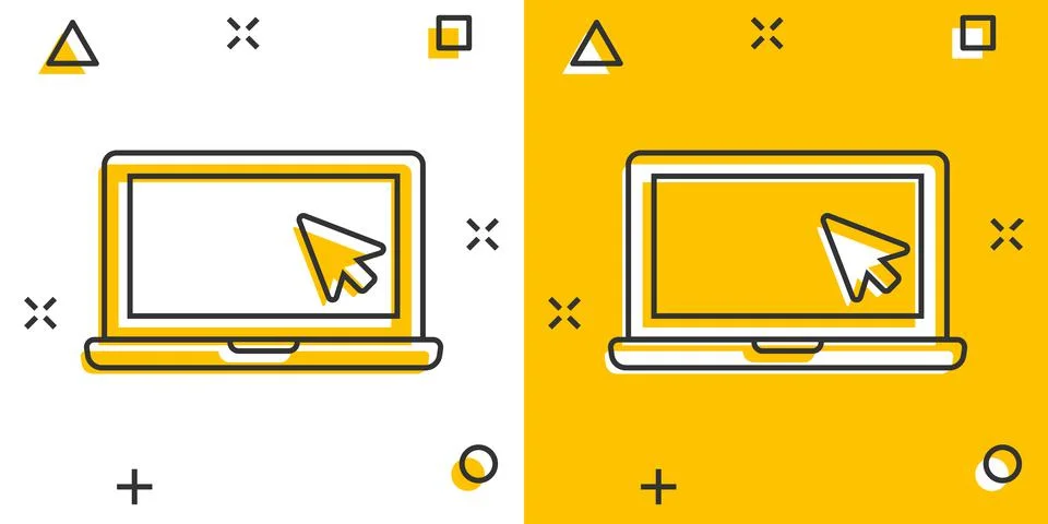 Laptop computer icon in comic style. Cursor on notebook cartoon vector illust Stock Illustration