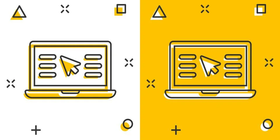 Laptop computer icon in comic style. Cursor on notebook cartoon vector illust Illustrazione stock