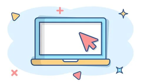 Laptop computer icon in comic style. Cursor on notebook cartoon vector illust Stock Illustration