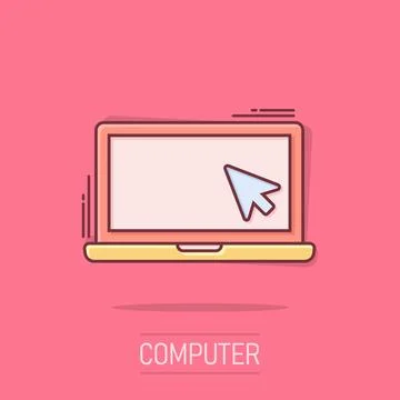 Laptop computer icon in comic style. Cursor on notebook cartoon vector illu.. Stock Illustration