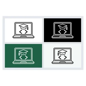 Laptop computer icon with graduation cap and coding brackets on screen Stock Illustration
