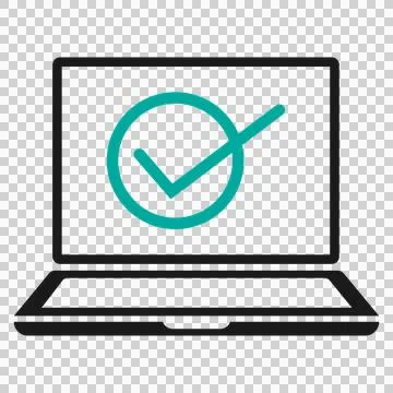 Laptop computer icon with a green check mark symbol for digital verification . Ilustração Stock