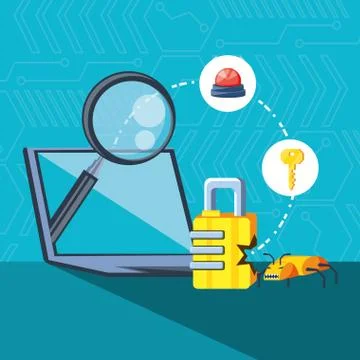 Laptop computer with icons cyber security Stock Illustration