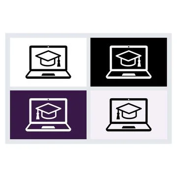 Laptop computer icons with graduation cap symbols for online learning concept Stock Illustration