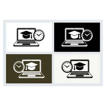 Laptop computer icons with graduation caps and clocks for online education .. Stock Illustration