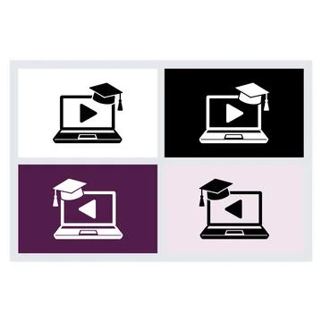 Laptop computer icons with graduation caps representing online learning and.. Stock Illustration