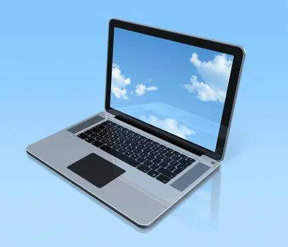 Laptop computer isolated on blue with sky screen イラスト素材