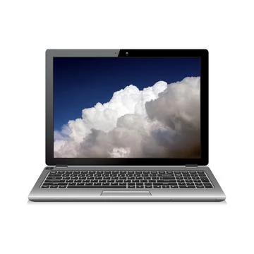 Laptop computer isolated on white with clouds on screen Stock Photos