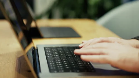 Laptop computer keyboard typing office interior cyber security it support Vídeos de archivo 299695120