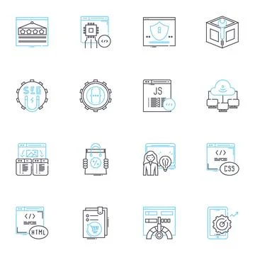 Laptop Computer linear icons set. Portable, Compact, Lightweight, Efficient Illustrazione stock