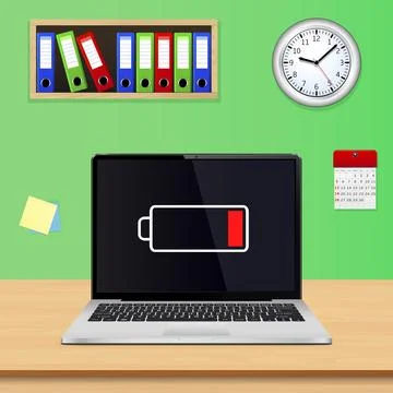 Laptop computer with low battery sign on screen 스톡 일러스트