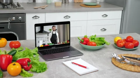 Laptop computer with man chef food blogger tells teaches housewife students Stock Footage 196221896