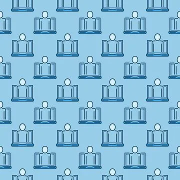 Laptop Computer with Man vector blue seamless pattern Stock Illustration