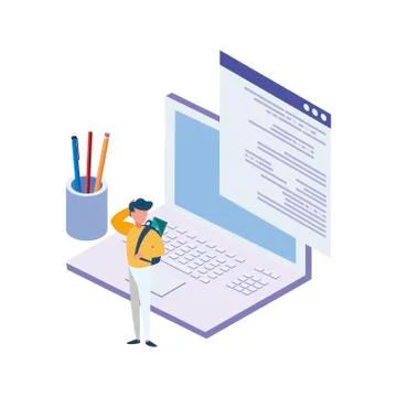 Laptop computer with minipeople workers Stock Illustration