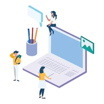 Laptop computer with minipeople workers Stock Illustration