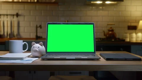 Laptop computer with mock up green screen chromakey display standing on the.. Stock Footage 277178731
