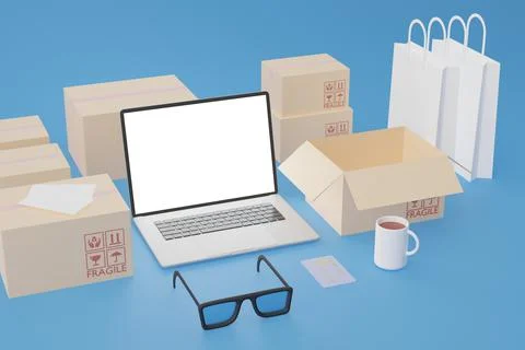 Laptop computer mockup in 3d rendering illustration with screeen for placing adv Stock Illustration