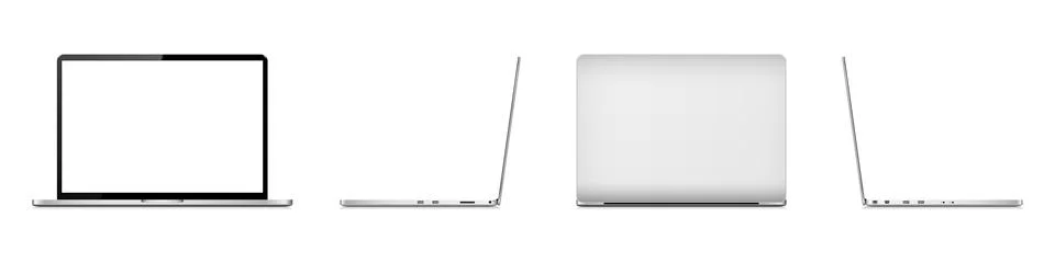 Laptop computer mockup blank screen isolated. Front view, side and rear views Illustrazione stock