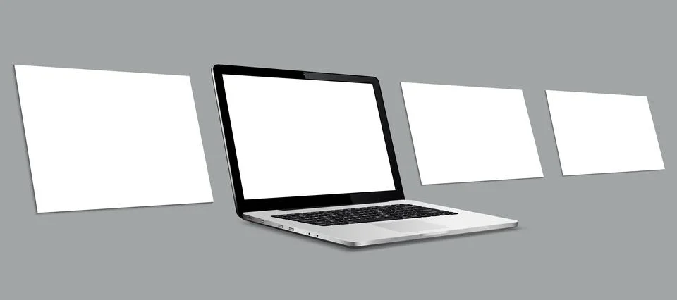 Laptop computer mockup with blank wireframing pages. Concept for showcasing.. Stock Illustration