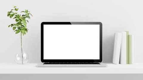 Laptop computer mockup on minimal desktop Stock Illustration