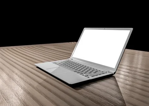 Laptop computer mockup with white blank screen on wooden table Stock Illustration