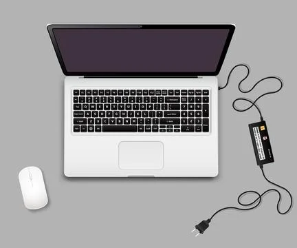 Laptop with computer mouse and charger unplugged 스톡 일러스트
