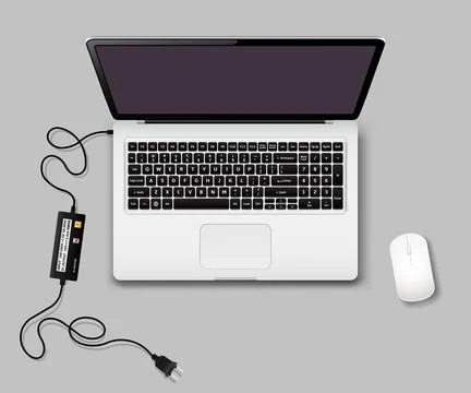 Laptop with computer mouse and charger unplugged Stock Illustration