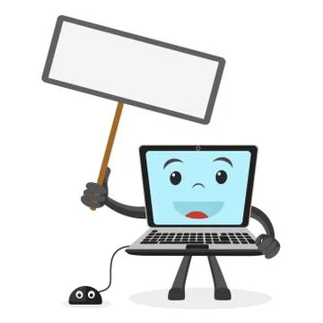 Laptop with a computer mouse on a white holding a sign. Stock Illustration
