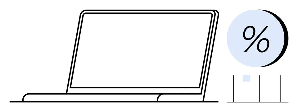Laptop computer next to a pie chart with a percentage symbol and a bar graph. Stock-Illustration