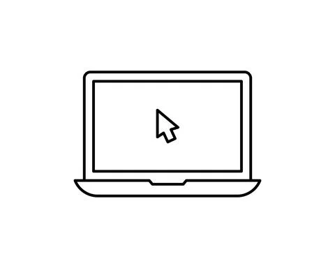 Laptop computer, notebook and cursor click thin line icon. Linear vector illu Stock Illustration