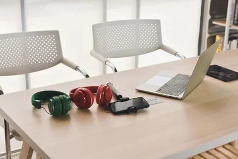Laptop Computer Notebook on desk in office internet technology work online co Stock Photos