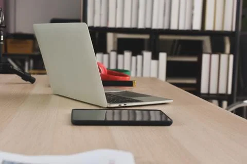 Laptop Computer Notebook on desk in office internet technology work online co Stock Photos