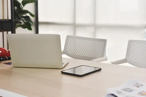 Laptop Computer Notebook on desk in office internet technology work online co Stock Photos