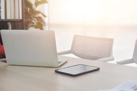 Laptop Computer Notebook on desk in office internet technology work online co Stock Photos