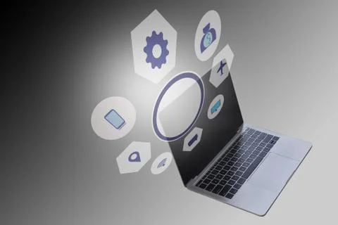 Laptop Computer Notebook on desk in office internet technology work online co Stock Photos