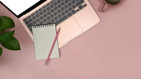 Laptop computer, notepad, coffee cup and houseplant on pink background. Top view Stock Photos