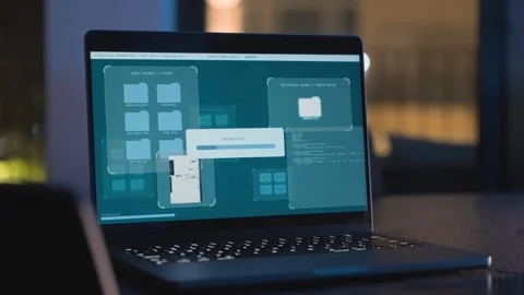 Laptop computer in office or house copying uploading data and classified Stock Footage 333545036