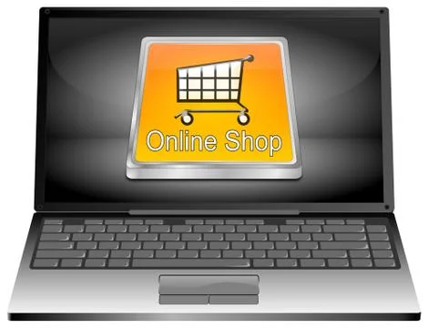 Laptop Computer with online Shop Button - 3D illustration Illustrazione stock