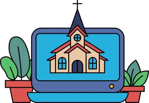 A laptop computer is open to a drawing of a church Stock Illustration