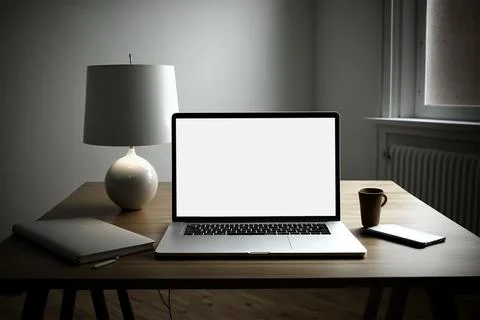 Laptop computer with opened lid on table in home office workspace Stock-Fotos