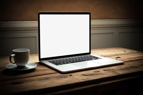 Laptop computer with opened lid on table in home office workspace Stock Photos