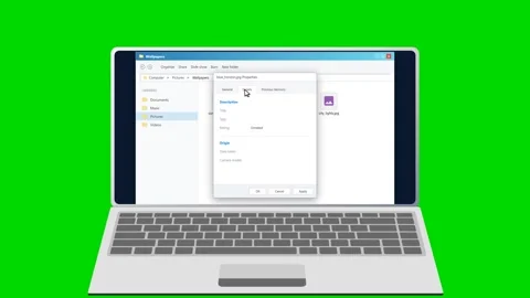 Laptop computer opening file properties on green screen. 4K Video stock 341694672