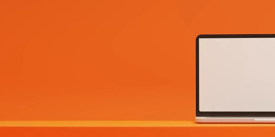 Laptop computer on an orange background with space for text Stock Illustration