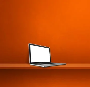 Laptop computer on orange shelf. Square background 스톡 일러스트