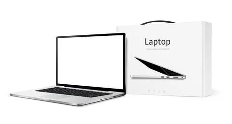 Laptop computer with package box mockup Illustrazione stock