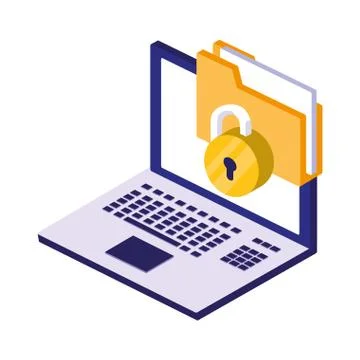 Laptop computer with padlock and documents Stock Illustration